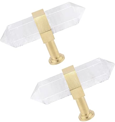KYEYGWO 2 Stück Bergkristall Heilstein Punkt Möbelknöpfe mit Schrauben, Messing Schubladenknöpfe Kristall Sechseckiger Schrankknöpfe Haus Decor Kommodenknöpfe Hexagonal Garderobe Ziehgriff