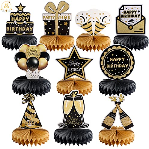 Ruicaifu 10 Stück Geburtstag Dekoration Schwarz Gold Mittelstücke für Tischdeko Papier Waben schwarz Gold 3D Waben Tischdekorationen Tischaufsätze Deko mit 20 Base für Geburtstagsparty Männer Frauen