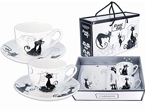 Carmani - Fancy - Juego de 2 tazas de té y platillo con diseño de gatos locos de 250 ml