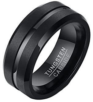 Lieson Wolfram Ringe Herren Schwarz, Ehering Herren Gebürstet 8MM Rund Mit Linie Ring Gravur Personalisiert Größe 57 (18.1)
