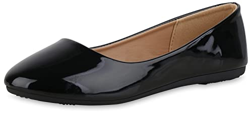 VAN HILL Damen Klassische Ballerinas Flache Freizeit Schuhe Elegante Slip Ons Lack Slippers Leder-Optik Schlupfschuhe 211174 Schwarz Lack 38