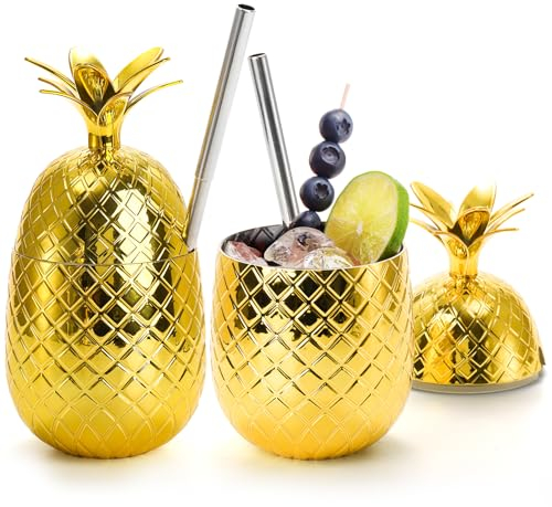 Okllen 2 Pack Pineapple Tumbler, Gold Color Pineapple Drink Cups with Stretched Straw, Plastic Cocktail Tumbler for Cocktail, Juice, Beer or other Beverages