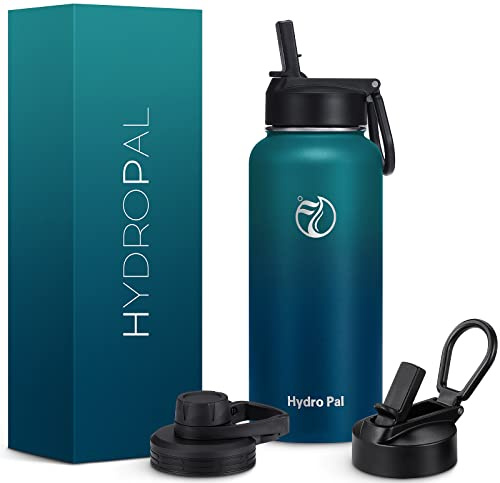 HydroPal 1L Edelstahl Isolierflasche,Trinkflasche mit Strohhalm 2 Deckel | BPA-frei, 24h kalt & 12h heiß Vakuumflasche, auslaufsicher Wasserflasche, Stroh- und Ausgussdeckel Sportflasche für Alltag