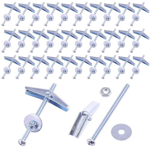 Keadic Lot de 30 ancrages à bascule de 1,9 cm avec écrou papillon et écrous hexagonaux, rondelles, kit de vis d'ancrage creux pour cloison sèche robuste pour cadres, étagères, suspension d'objets