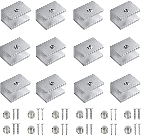 12 Pezzi Supporto Vetro Morsetto, Staffa Reggimensola in Vetro Regolabile, Mensole in Vetro di Alluminio Clip di Vetro, per Vetro Spesso 8-10 mm, per Mensola da Bagno ecc (Con Viti)