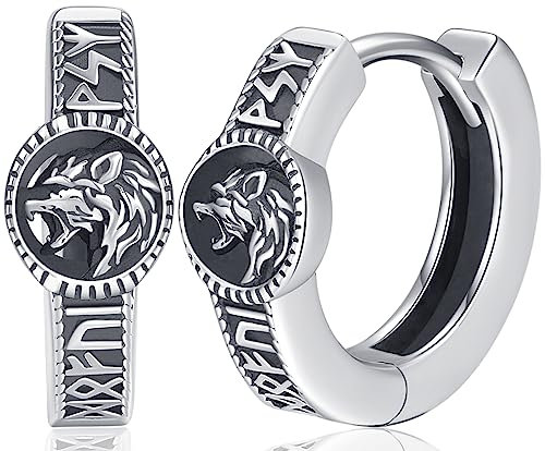 Wikinger Creolen Ohrringe Herren Wikinger Runen Creolen Silber 925 Norse Wolf Ohrringe mit Runen Viking Ohrschmuck für Herren Männer Damen Frauen