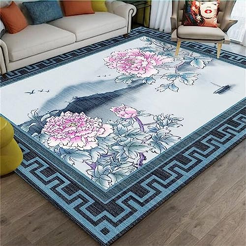 Kunsen Tapis Grande Taille Décoration de Salon Chinoise carpette Bleu Grand Tapis Grand Tapis de salon160X200CM