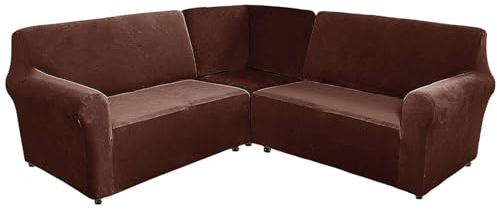 CLGTY 3 Stücke Sofabezug Ecksofa, Samt Bezug Für Ecksofas L-Form Weich Sofahusse Für Wohnzimmer-braun-7 Sitzer