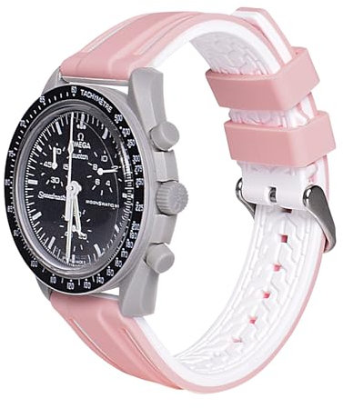 uEmoh Bracelet de montre Moonswatch en silicone souple pour montre Omega X Swatch Moonswatch Speedmaster de 20 mm, bracelet de rechange à dégagement rapide pour homme et femme (rose + blanc)