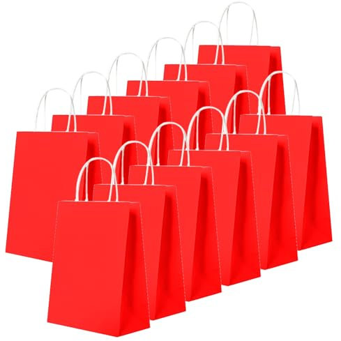 24 Stück Rot Kraft Papiertüte,Geschenktüten Klein mit Henkel 16 x 22 x 8 cm Papiertüten,Geschenkverpackung Papiertragetasche Gastgeschenke Tüten zum Weihnachten,Geburtstag,Hochzeitsfeiern
