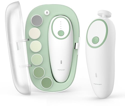 Momcozy Baby Nail File Electric, Gentle Baby Nail Trimmer Electric, Baby Nail Clipper with Night Light, 7 Grinding Head Replacement Pads, Green