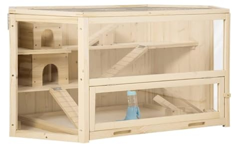 Hamsterkäfig mit 3 Etagen, aus Holz, transparent, mit Wippe, Leiter und Futternapf, Rattenkäfig