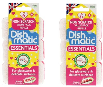 Dishmatic Essentials - Non Scratch Refills for Glassware & Delicate Surface - Pack of 2 - (12 Refills - 6 per Pack)