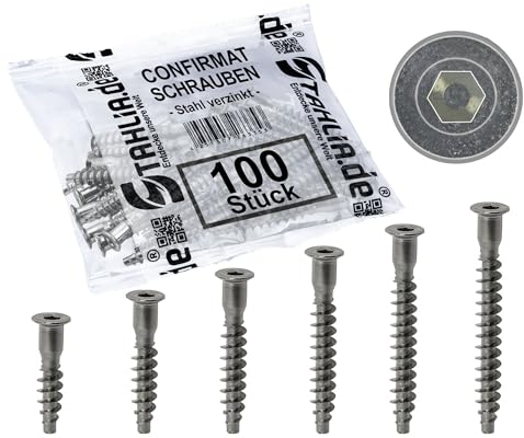Stahlia Confirmat Schrauben 6,4x60mm Möbel Schrauben (100 Stück) Stahl verzinkt Verbindungsschrauben Möbelverbinder Schrauben Korpusverbinder Innensechskant