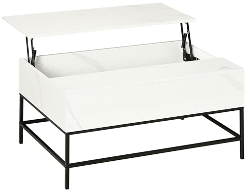 HOMCOM Lift Top Coffee Table, Lifting Coffee Table with Hidden Storage Compartment and Metal Legs, for Living Room, Faux Marble White