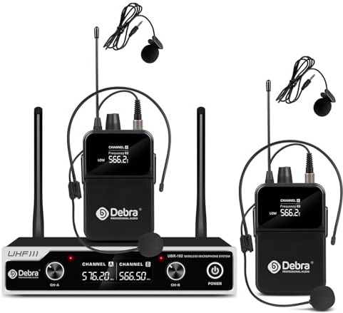 Sistema de micrófono inalámbrico D Debra UHF UBR-102 con micrófonos de auriculares Lavalier duales, rango de 260 pies, adecuado para iglesia, conferencias, karaoke, bodas, DJ y bares (2 unidades)