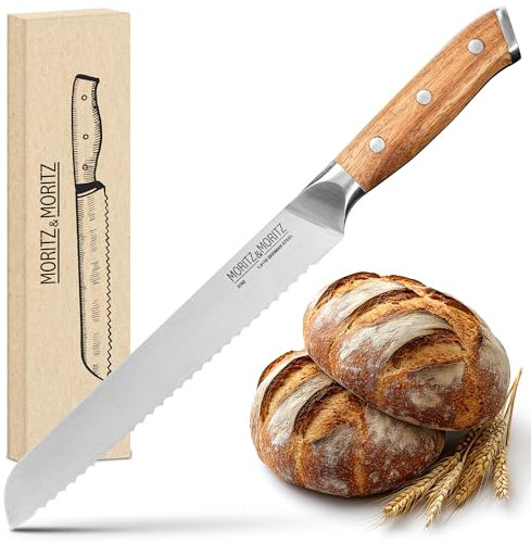 Moritz & Moritz Couteau à Pain 20 cm - Couteau Dentelé pour une Coupe Parfaite - Couteau de Cuisine avec Lame Crantée - Manche en Bois d'Acacia - Couteau à Dent - Lame de Boulanger pour Pain