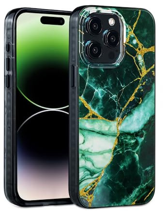 SCORPIFY for iPhone 15 Pro Max Case [Compatible with MagSafe] with Emerald Green Marble Design, Cute Magnetic Phone Cover for Women Girls and Men, Slim Shockproof Bumper with Gold Accents
