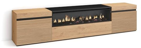 Skraut Home | TV-Schrank, Lowboard | für Wohnzimmer und Esszimmer | 200x45x35cm | Für TV-Geräte bis zu 80 | Elektrokamin. | Moderner Stil | Eiche