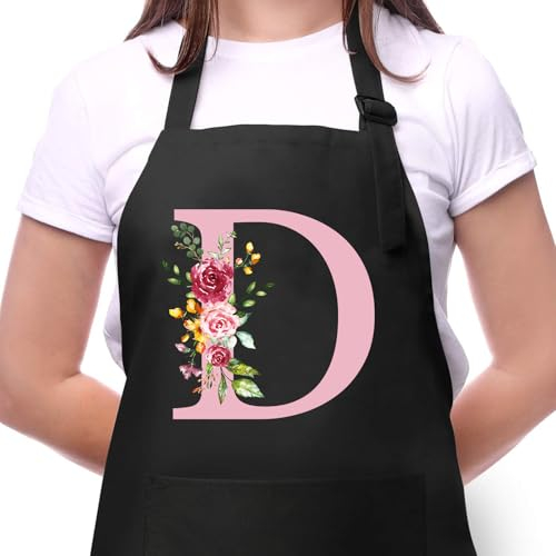 Personalisierte Initialen Schürzen Damen, Kochschürze Baumwolle Verstellbare Küchenschürze mit Taschen zum Kochen, Backen, Geschenk für Frauen Mama Oma Freundin zum Geburtstag Muttertag Weihnachten D