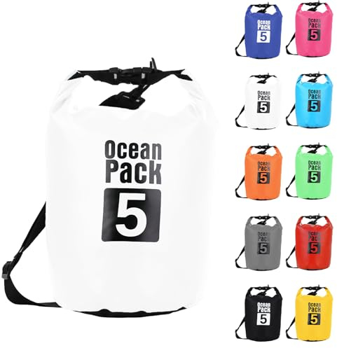5L Weiß Wasserdichte Tasche, Dry Bag 2L/5L/10L/15L/20L/30L mit Verstellbarem Gurt, Schützt Telefon/Karte, Roll Top Wasserdichter Beutel Rucksack für Schwimmen/Rafting/Kajak/Bootfahren/Camping/Strand