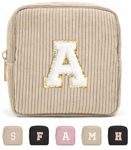 Cord Kosmetiktasche MAGEFY Kleine Make up Tasche für Handtasche Mini Schminktasche für Frauen Reise Personalisierte Letter Kosmetiktasche Kleine, Beige-A