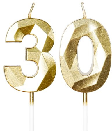 mciskin Gold 30th Birthday Candles, 3D Number 30 Candles for Cake, Women Men 30th Birthday Decorations,Pearl Gold Candle Cake Topper Decorations for Birthday Party Weddings Anniversary Supplies