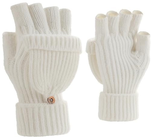 Yaopelky Fingerlose Winterhandschuhe für Damen und Herren, halbe und volle Glitzer-Strick-Fäustlinge Daumen mit Kappe, wandelbarer Thermo-Fäustling, weiß, One Size for most adults