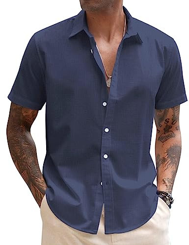 COOFANDY Linen Shirts Men Summer Short Sleeve Casual Button Down Shirt Holiiday Tops Navy Blue XL