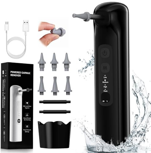 ShinePick Ohrenschmalz Entferner, Elektrischer Ohrenreiniger inkl. 6 Düsen, Ohrendusche Mit 4 Druckmodi IPX7 Wasserdicht, Ohrenreiniger für Erwachsene Kinde, Schwarz