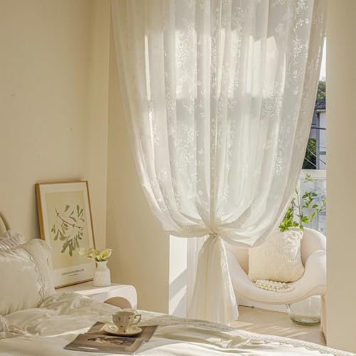 BCughia Vorhang Halbtransparent, Vorhänge Blume Schmetterling Vorhänge Wohnzimmer Modern 2er Set H 183 x B 102 cm, Weiß