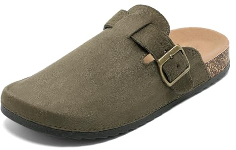 Suede Clogs Women Leather Mules Men Soft Cork Footbed Adjustable Buckle with Arch Support Closed Toe Sandals Potato Shoes Anti Slip Unisex Green