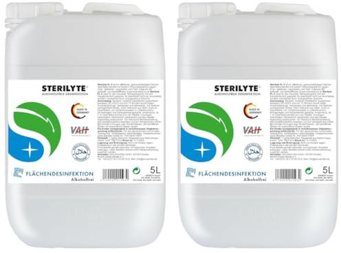STERILYTE Flächendesinfektionsmittel Kanister 2 x 5 L – Nachhaltig, alkoholfrei & hochwirksam - Desinfektionsmittel für Flächen vielseitig einsetzbar – Halal zertifiziert, MADE IN GERMANY
