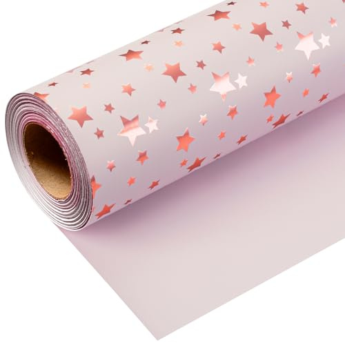 Wikadlik Geschenkpapierrolle mit rotgoldenen Sternen, 43 cm x 10 m, rosa Geschenkpapier für Geburtstag, Valentinstag, Muttertag, Vatertag, Hochzeit, Abschlussfeier, Weihnachten