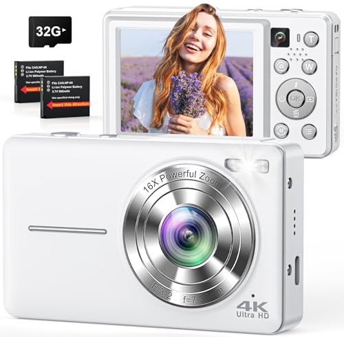 4K Digital Camera Point and Shoot with Selfie Lens and 32G Card, White