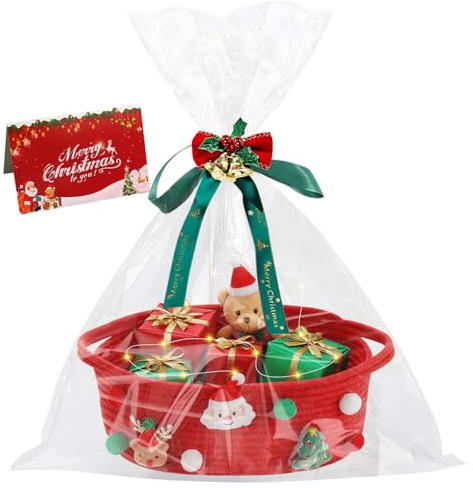 Geschenkkorb Leer, Präsentkorb Leer mit Geschenktüten Grußkarte und Bändern, LED Geschenk Korb, Geflochten Korb für Geschenke, Ideal für Weihnachten, Geburtstag, Hochzeit, Erntedank
