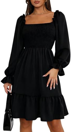 Women's Causal Square Neck Dress Puff Sleeve Smocked A Line Swing Flowy Ruffle Babydoll Mini Dress Black XXL