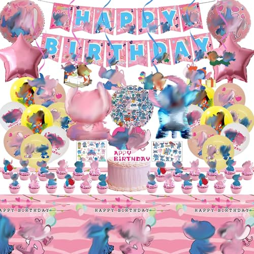 Rosa Cartoon kinder Geburtstags ballon deko, 107 Stück Dekorationen für die Geburtstagsparty von Mädchen, Enthält banner, Tischdecke, Kuchendekoration, Hängende Figuren, Ballons, Tattoo-Aufkleber