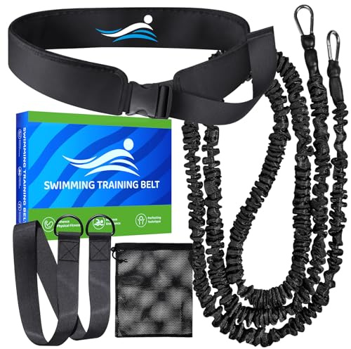 Cintura da nuoto per piscina – Allenatore di nuoto professionale con resistenza regolabile 2,5 – 7,5 m corda da nuoto cintura da allenamento per adulti e bambini, allenamento piscina senza (Black)