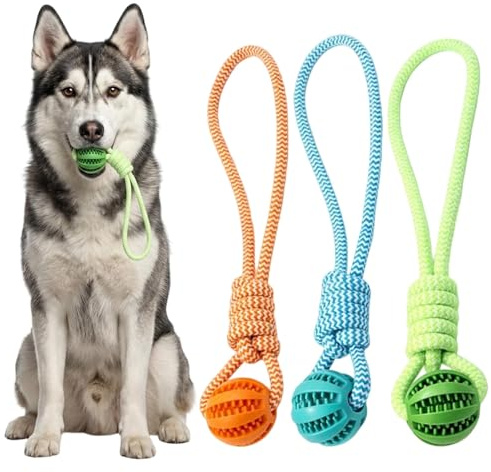 ZKFSIE 3-Pack 2-in-1 Dog Ball on Rope – Durable Rubber Ball & Cotton Rope for Tug of War, Fetch Training, Indoor & Outdoor Play – Orange, Green, Blue