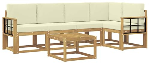 vidaXL Outdoor-Sofagarnitur 6 pcs Weiß und Creme Massivholz Akazie, Outdoor-Ecksofa, modernes Lounge-Set für Garten, Robustes Sitzmöbel für Terrasse, Entspannen