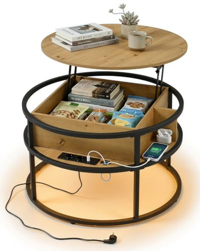 Ginhow Couchtisch Rund mit Hebeplatte, Wohnzimmertisch mit Stauraum 80 cm, Couchtisch Höhenverstellbar mit USB C Ladestation LED Licht, Lift Top Coffee Table, Moderner Sofatisch für Wohnzimmer