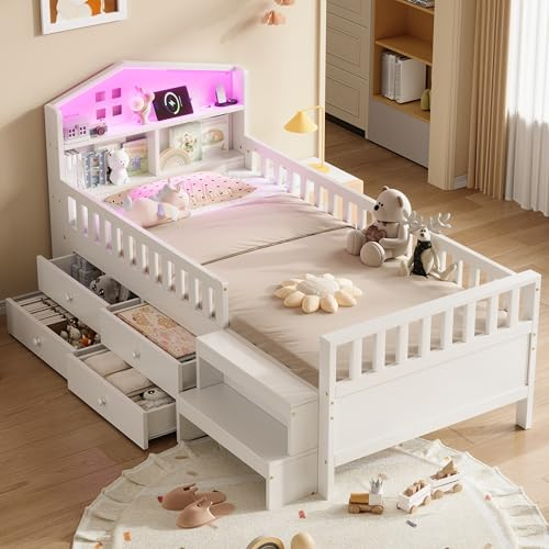 Mrwoo 3ft Single Bed Frame with Headboard Storage and Drawers, Wooden Bed with Charging-Ports and LED-Lighting, Low Loft Bed with Rails and Step Stool, Grey, 90x190cm, (No Mattress) (White)