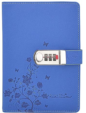 LinYesh Leder Zahlenschloss Tagebuch Schreiben Notebook, Schmetterling und Blumenmuster Passwort Tagebuch Notizblock, Secret Notizbuch mit Kombinationsschloss, Size 210x145mm