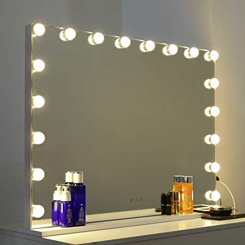 WAYKING Spiegel mit Beleuchtung, Make-up-Spiegel Hollywood Spiegel mit 3 Lichtfarben, USB Ladeanschluss, Touch Steuerung, Großer Kosmetikspiegel mit 18 Lichter, Weiß(L80*H60CM)