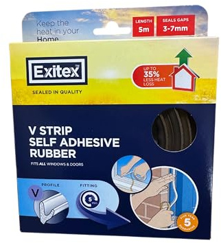 Exitex V Strip 5m Self-Adhesive Rubber Door & Window Draught Seal Brown | For 3–7mm gaps around doors and windows; brown V-profile EPDM rubber with self-adhesive backing. Supplied as two 2.5m strips.
