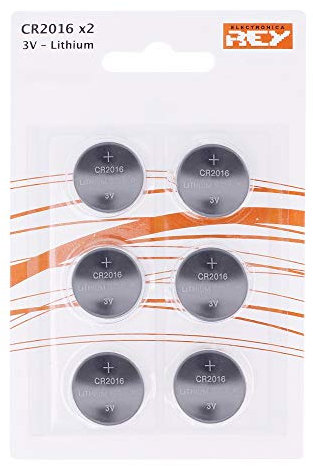 REY Pack de 6 Pilas CR2016 3V Alcalinas, Tipo Botón de Litio en Blister
