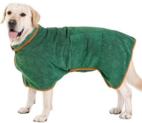 PETTOM Hundebademantel Mikrofaser Schnelltrockend, Bademantel Hund Baumwolle Super Saugfähig, Bademantel für Große Mittelgroße und Kleine Hunde (L, Grün)