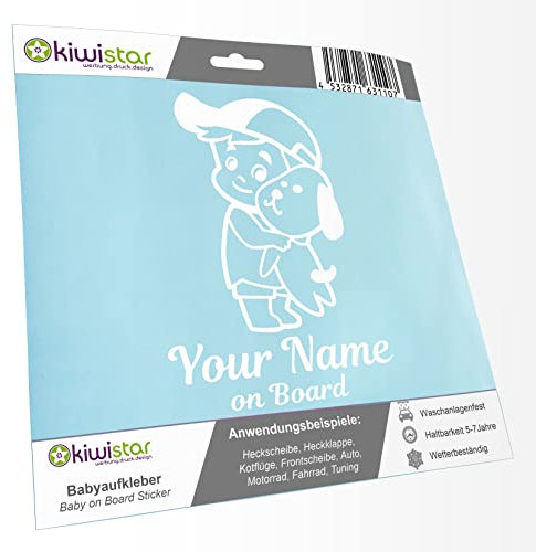 Kiwistar - Babyaufkleber - Weiß - Junge Hund Cappy Sticker - mit Wunschtext individuell personalisiert + Baby on Board 20cm - für Auto, Motorrad, Tuning - Aufkleber selbst gestalten