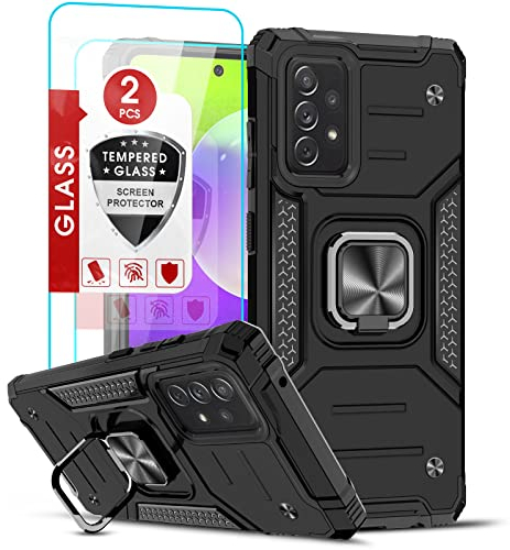 LeYi Schutzhülle für Samsung Galaxy A52s 5G/A52 4G & 5G mit 2 x Hartglas, [360 ° drehbarer Ständer] Militärische Verstärkung integrale Hartschale PC und TPU Silikon Schutzhülle für A52s Schwarz